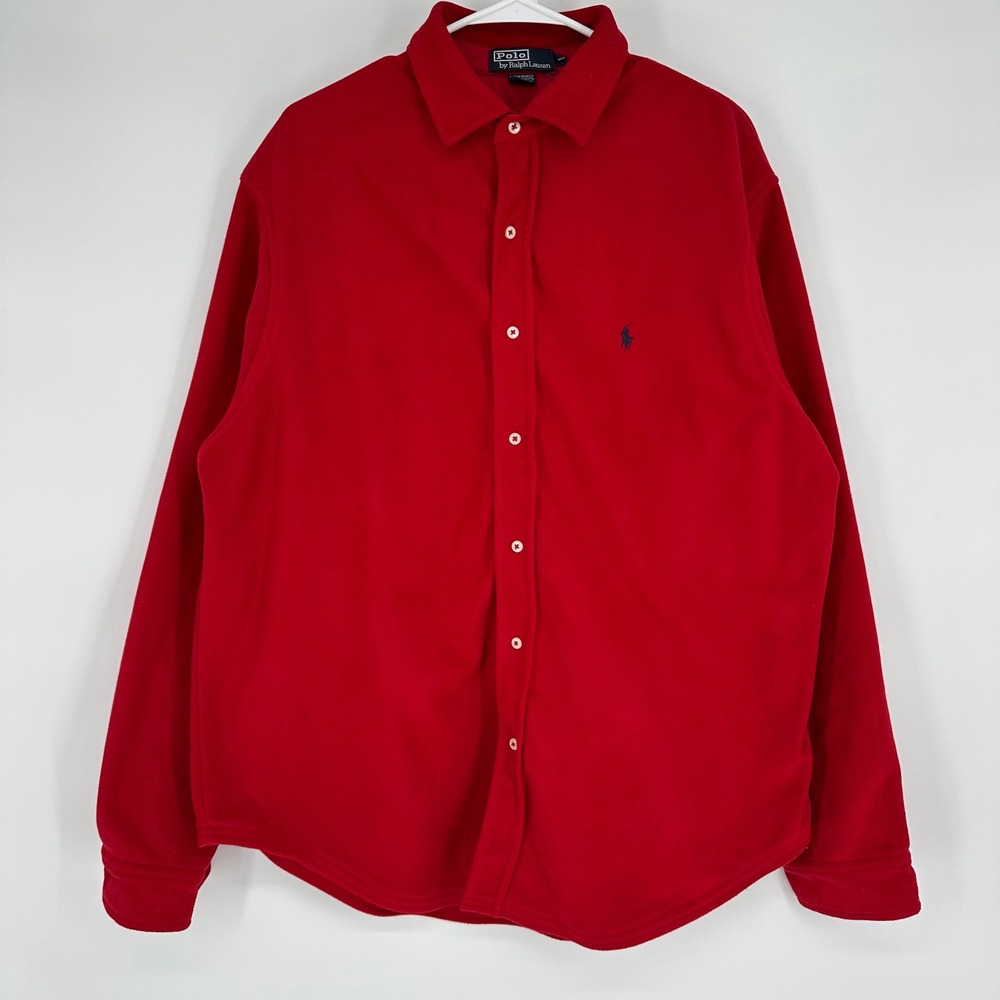 Vintage Polo Ralph Lauren Mens XL Red Fleece Button Down Shirt Long Sleeve Pony